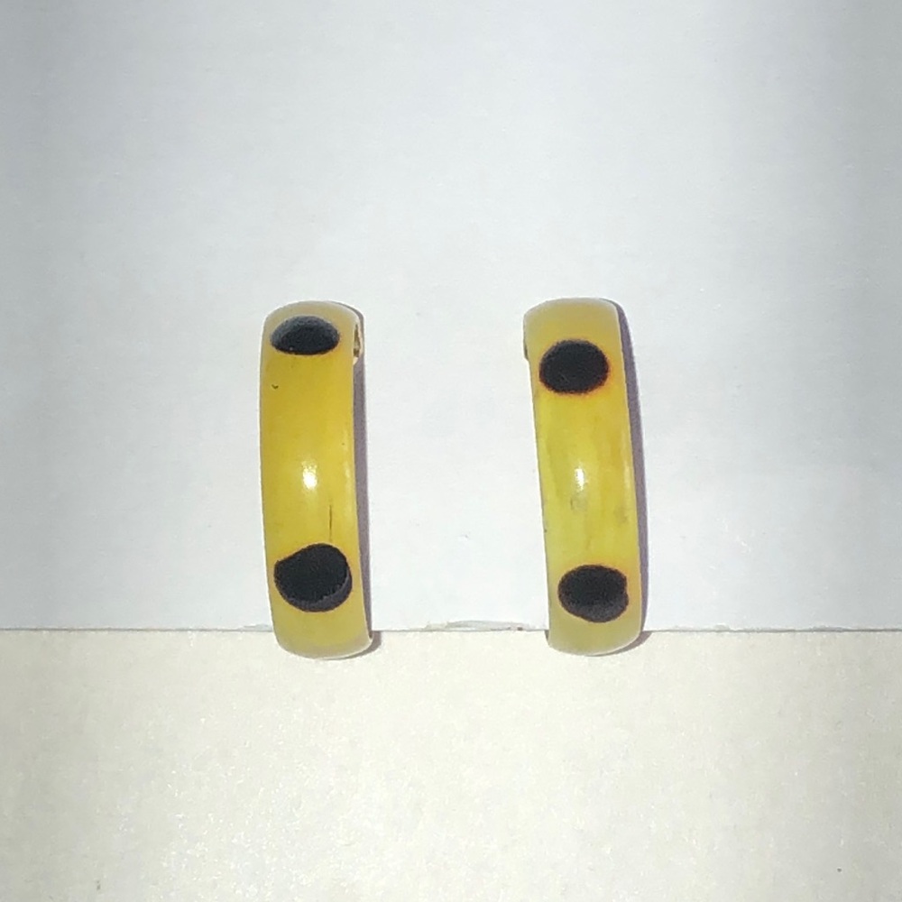 Yellow Clip On Hoop Earrings with Black Dot Accents - Picture 2 of 5